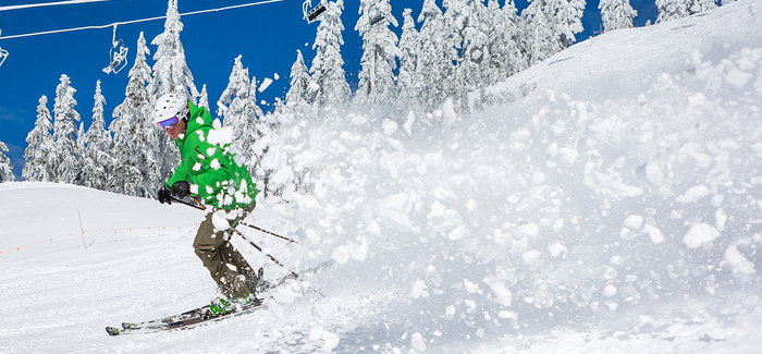 green skiier in the winter